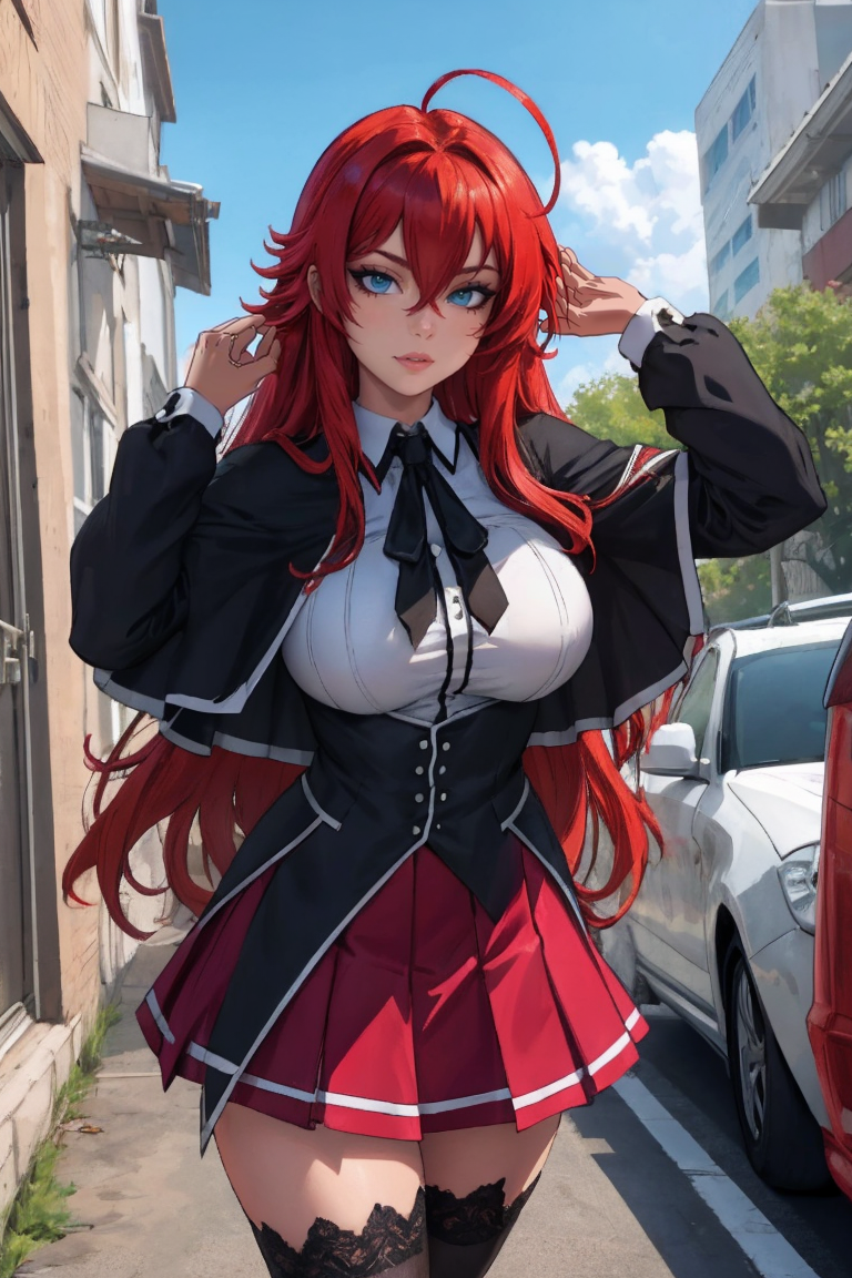 masterpiece, best quality, high quality, highres, outdoors, day, upper body, looking at viewer, solo, focused, BREAK, 
ANIME_DxD_Rias_Gremory_ownwaifu, 
1girl, bangs, long hair, red hair, breasts, large breasts, rias gremory, blue eyes, hair between eyes, very long hair, collarbone, hair intakes,  hair over breasts, 
black capelet, black corset, collared shirt, kuoh academy school uniform, layered skirt, underbust, school uniform, skirt, shirt, long sleeves, purple skirt, ribbon, miniskirt, neck ribbon, thighhighs, black ribbon, 
<lora:ANIME_DxD_Rias_Gremory_ownwaifu:0.65>