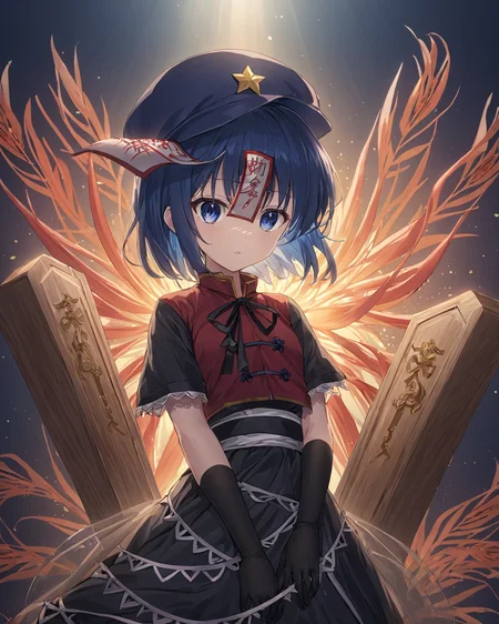 miyako yoshika,1girl, solo, hat, coffin, ofuda, skirt, looking_at_viewer, adapted_costume, spider_lily, sash, alternate_costume, star_hat_ornament, jiangshi, ribbon, black_gloves, star_\(symbol\), short_sleeves, open_mouth, feathers, dress, see-through
<lora:miyako_yoshika_image2483_2023-12-20:1>,star-shaped_pupils,symbol-shaped_pupils,. gorgeous,key visual, vibrant, studio anime,award-winning, professional, highly detailed,high budget, cinemascope