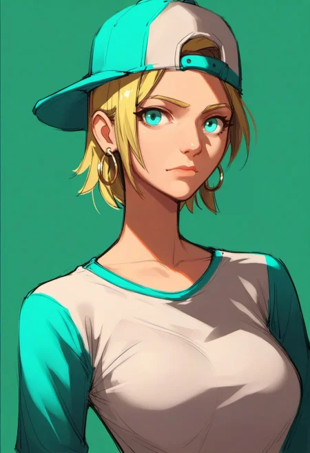 score_9, score_8_up, score_7_up, score_6_up, sketch,
m0sha style, 1girl, aqua eyes, baseball cap, blonde hair, closed mouth, earrings, green background, hat, hoop earrings, jewelry, looking at viewer, shirt, short hair, simple background,
<lora:mosha style v1:0.8>,
<lora:fix_hands:1.5>