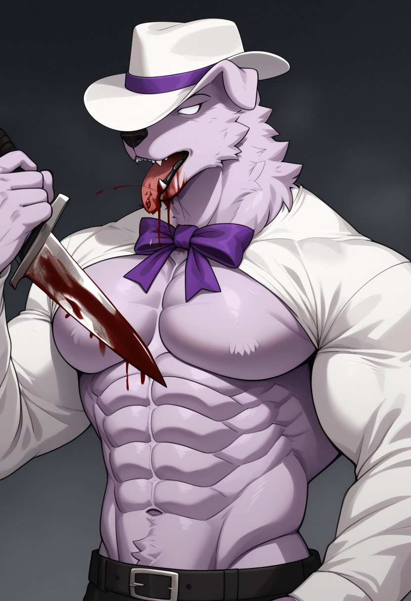 UHYEAH, light purple fur, completely white eyes,  white fedora with purple ribbon, Toned abs, male, Cut off at bust, large pecs, Holding Bloody Knife, Licking blood off knife, Covered in blood