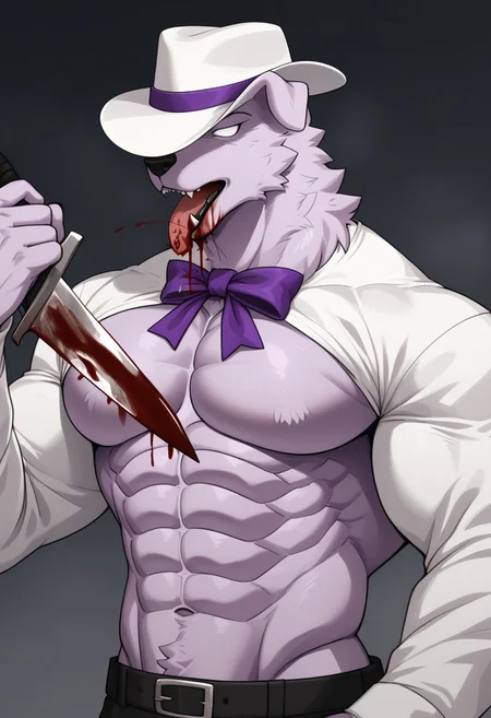 UHYEAH, light purple fur, completely white eyes, white fedora with purple ribbon, Toned abs, male, Cut off at bust, large pecs, Holding Bloody Knife, Licking blood off knife, Covered in blood