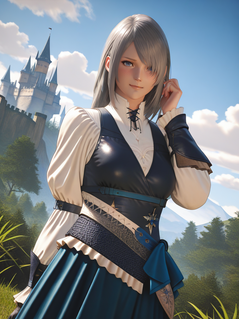 screencap, realistic, realism,
1girl, medium breasts, (JillXL:1.1), white shirt, vest, dress, skirt, long sleeves, puffy sleeves, blue eyes, grey hair, long hair, gloves, one eye covered, 
light smile, dutch angle, shy pose, shy, looking at viewer, blue sky, clouds, castle behind, vegetation, daylight, dynamic pose, cowboy shot, one hand on hair,
 <lora:AjillWarrick_character:1>