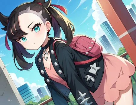 score_9, score_8_up, score_7_up, source_anime,
pokemonmarnie, <lora:pokemon-marnie-ponyxl-lora-nochekaiser:1>
pokemonmarnie, aqua eyes, asymmetrical bangs, asymmetrical hair, black hair, hair ribbon, long hair, red ribbon, ribbon, twintails,
backpack, bag, black choker, black jacket, choker, dress, earrings, jacket, jewelry, long sleeves, open clothes, pink bag, pink dress,
outdoors, cityscape, bent over,
looking at viewer, cowboy shot, dutch angle,