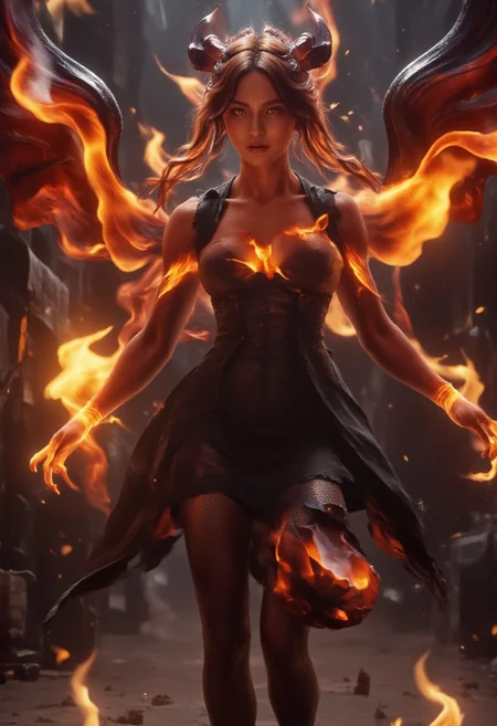 Jed-frmd , French Maid , A short, frilly black dress, black lace stockings, black heels,A high definition, ultra-realistic digital rendering. 
Subject is a powerful female demon with red skin and hair made of fire element.  Her eyes burn with hatred as she unleashes her vengeance upon the advancing army. her face is angry.  Her smooth skin and muscular physique shine with the reflection of flames, and her big breasts are almoust slip from uniform. She wears maid uniform. Her strange beauty inspires awe and admiration.  photorealistic flaming aura all around, The flames, in shades of orange, red, and yellow, lick around her body, creating the illusion that the demon is enveloped in fire but unharmed.  Derivativefbb, f4nt4st1c, BlackTapeX,bailing_fire,