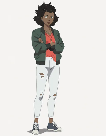 solo, full body, perfect composition, shadows, shading, <lora:anime_screencap-Illustrious:0.5> anime screencap, anime coloring, very aesthetic, absurdres, zPDXL, <lora:Pony_DetailV2.0:0.5> <lora:illustrious_quality_modifiers_masterpieces_v1:1>
<lora:AmberB:1> 2m3br, 1girl, hairclip, hair ornament, earrings, ear piercing, female focus, looking at viewer, smile, defined lips, crossed arms,
casual_attire, green jacket, bomber jacket, red shirt, v-neck, white pants, torn pants, sneakers,
white background, simple background,