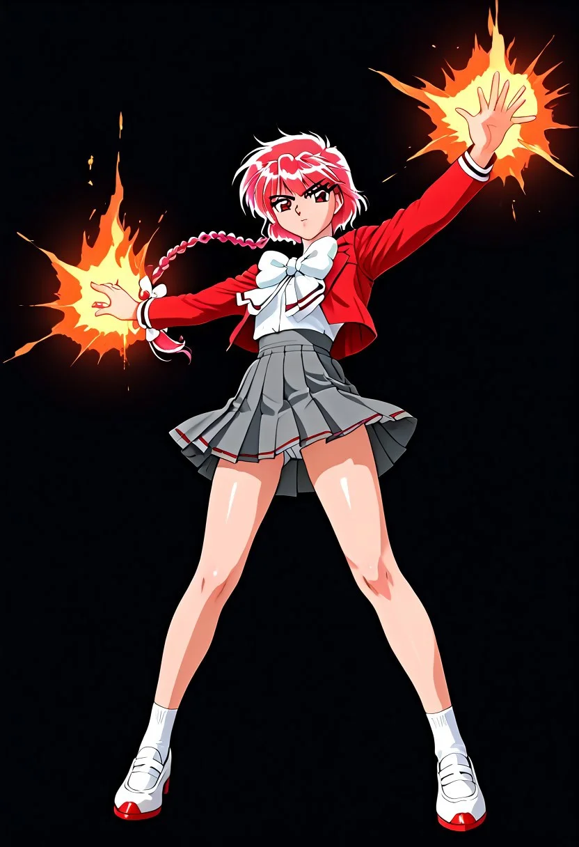 Vibrant colors, Detailed line drawing, Ornate frame, Dynamic composition, Retro style, 90s style, Magic knight rayearth, Clamp style, Solo, [hikaru shidou] 1 girl, Pretty face, Short hair, Red hair, Pink highlights, 1 braid, Very long braid, Single braid, Red eyes, Slender body, Medium breasts, (School uniform, Gray skirt, Pleated skirt, Red blazer, Long sleeves, Bow tie), Standing, Full body, Confident pose, Serious countenance, Clenched fists, From below, Panty shot, camel toe, Dark background, Light fire, Purple clouds