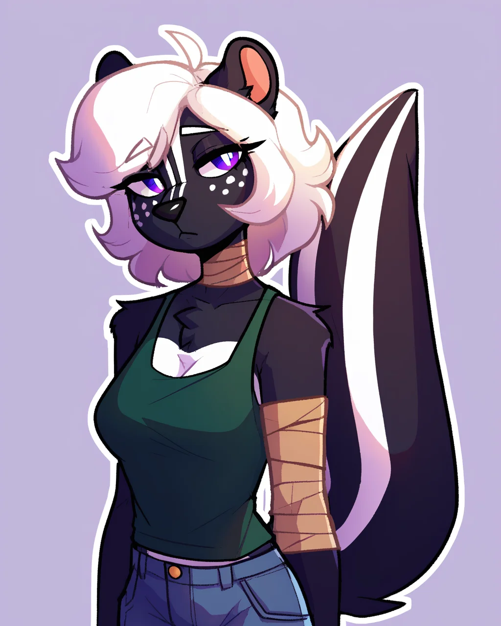 score_9_up, score_8_up, score_7_up, score_6_up, half-length portrait, by remanedur, female, white hair, purple eyes, skunk, medium breasts, black nose, furry, green tank top, jeans shorts, bandages, white freckles, looking at viewer, neutral expression, head tilt, solo, three-quarter view, simple background, white outline,<lora:Leah_Pines(AIM)_XL_v1:0.15> <lora:PDXL_artist_tags_v2_big:0.5> <lora:The-Minuscule-Task_PDXL_v1.0:0.6> <lora:Svetlana_waffl3k4t:0.7>