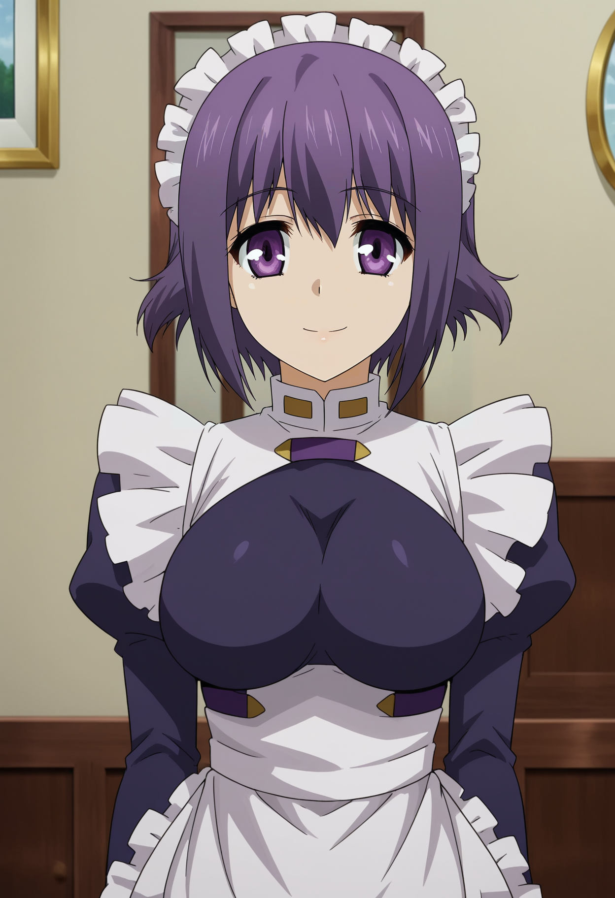 <lora:Cosette_Shelley-Dragonar_Academy:0.8>,1girl,solo,Cosette Shelley,short hair,purple hair,purple eyes,large breasts,,maid,maid headdress,apron,upper body, looking at viewer, smile,indoors