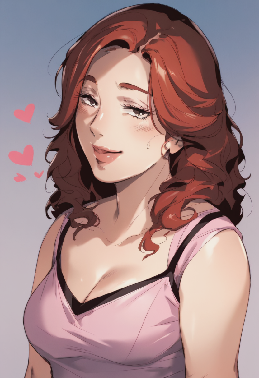 score_9, score_8_up, score_7_up, 1girl, mature_female, large_breasts, portrait, solo, Standing, hands forming a heart shape, fisheye, (Pink Camisole), Auburn hair, face, rating_safe, <lora:pony\artist_styles\ishidaya_pony:1.0>
