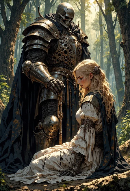 A muscular man with skull black heavy armor. detailed face. there is a  female on her knees in front of him, blonde hair, with torn clothing, breasts visible breasts, nipples,. she wears a collar with a leash attached, the knight holds up the leash. She has fair skin and a delicate, angelic appearance.  The background forest, sun rays shining ,  which gives the setting a mystical, strategic element. The atmosphere is one of stealth, precision and survival in the midst of an eerie environment.