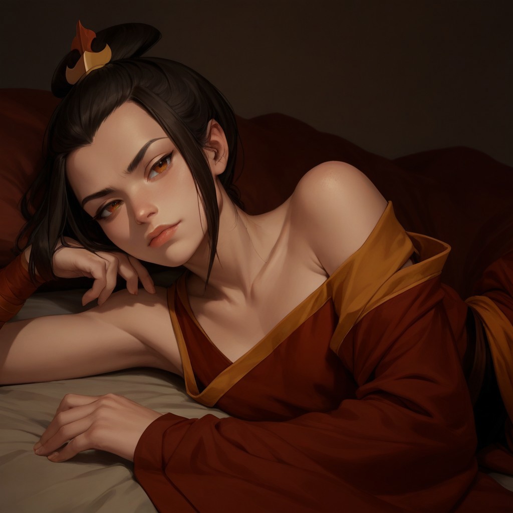 score_9, score_8_up, score_7_up, score_6_up, score_5_up, score_4_up, rating_safe, 1girl, AzulaFire, sexy pose, laying on side, exposed shoulder