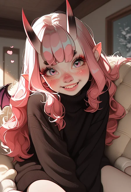 score_9, score_8_up, score_7_up, highly detailed, sharp focus, HD, (1girl:1.4), ((solo)), ((pale skin:1.3)), (cute young oni girl:1.5), small sharp horns, (big expressive eyes:1.3), (soft pink blush:1.2), ((long fluffy pastel pink hair:1.4)), slightly messy hair, shy smile, wearing a cozy sweater, (small black horns:1.3), (pointy ears:1.2), (tiny bat wings:1.2), soft freckles, fantasy-inspired outfit, (Japanese-style modern room:1.4), cozy house interior, warm lighting, sitting on a plush futon, hugging a pillow, cute pose, playful expression, charming, soft anime shading, ultra-detailed fabric folds, elegant color balance, soft glowing ambient light
<lora:Expressive_H:1> <lora:incase-ilff-v3-4:0.6> <lora:MoriiMee_Gothic_Niji_Style_Illustrious_r1:0.7>
