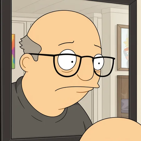 (toon \(style\):0.5), masterpiece, amazing_quality, colorful, high quality, best quality, detailed background, <lora:bb-mort-09:1> bb-mort, 1boy, male focus, (plump:0.5), glasses, ((bald)), grey hair, solo, reflection,