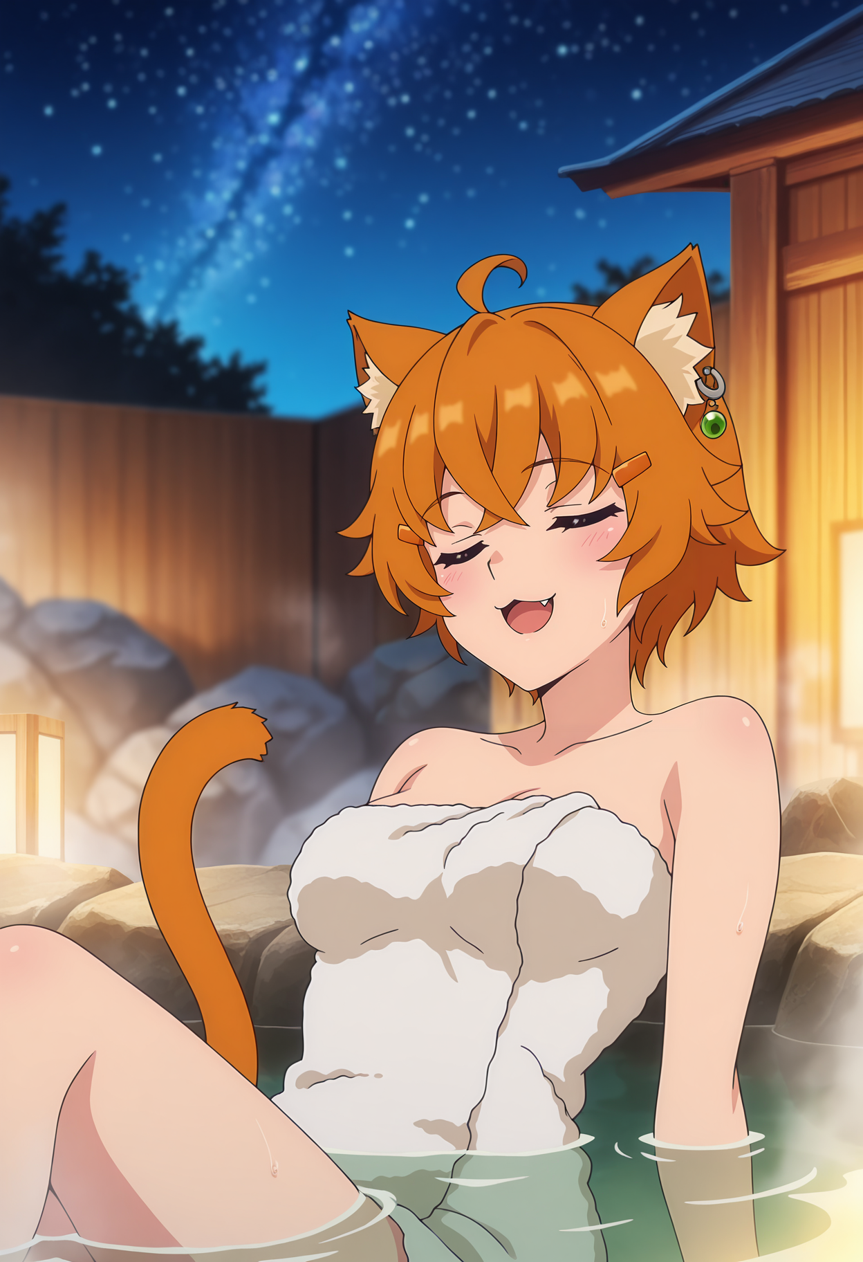 anime screencap, masterpiece, best quality,
<lora:ARankParty(Aparida)_NeneShifindle_IlluXL_v2:0.9>,
1girl, solo, open mouth, :3, light smile, fang, blush,
ahoge, short hair, orange hair, closed eyes, hairclip, single earring, animal ears, cat tail, orange tail,
naked towel, medium breasts, steam,
partially submerged, leaning back,
outdoors, onsen, night, starry sky, photo background, blurry background