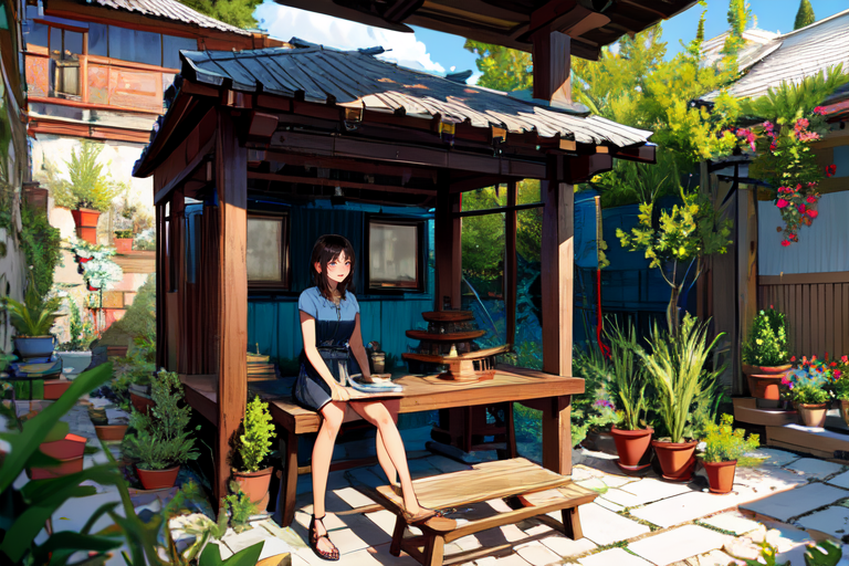 highly insanely detailed, masterpiece, top quality, best quality, highres, 4k, 8k, RAW photo, (very aesthetic, beautiful and aesthetic),  
Ancient Roman Interior Design,RomInt,ancient_roman_kitchen,terra_cotta_stove,spice_jars,peristyle_garden,lush_garden,Peristyle,bench, 
<lora:RomanInterior-10:0>, 
(1girl:1.3), 
1other, 
(dark_skin,tan_skin,tanned skin,dark skin,dark-skinned,black-skinned,bronze skin,bronzed skin,cinematic Bronze tan tanning skin tone:1.1), 
absurdly long hair,flat top hair,fringe haircut hair,hair ornament,hairpods, 
, 
(fence,alley,power_lines),aira1109,Japan, 
scenery,âââ