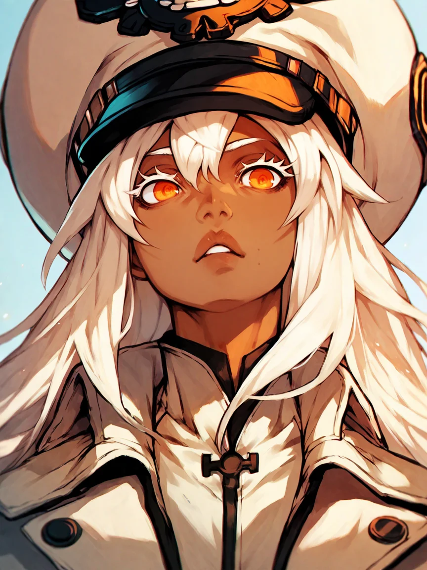 score_9, score_8_up, score_7_up, score_6_up, score_5_up, <lora:ggsXLP:1> ggs, 1girl, long hair, white hair, orange eyes, tan skin, hat,