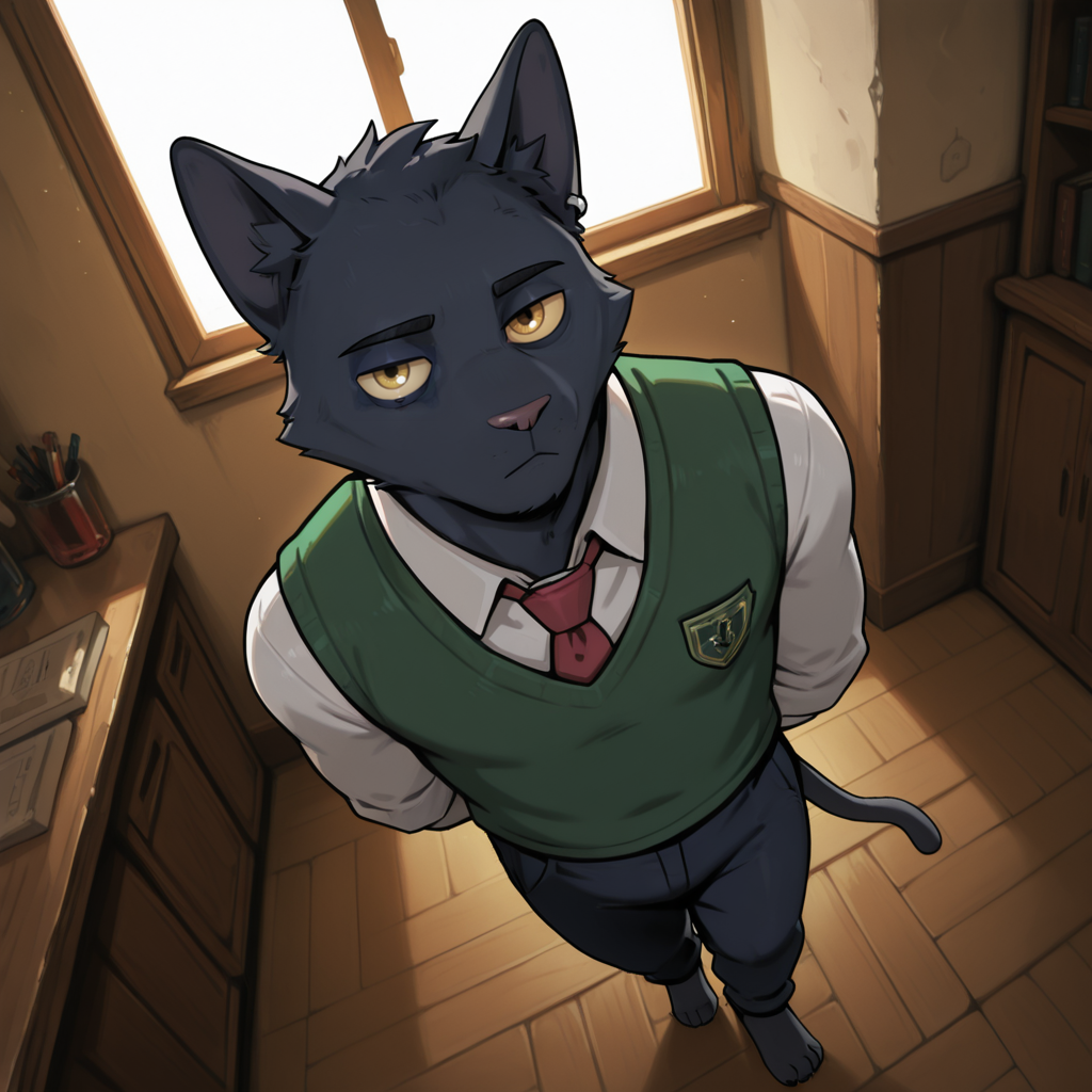 Furry, male, solo, cat, cat boy, black cat, tail, claws, ear piercing, yellow sclera, yellow eyes, closed mouth, expressionless, bags under eyes, arms behind back, indoors, standing, school uniform, white shirt, green vest, red necktie, dutch angle, dynamic angle, dynamic pose, front view, from above, looking at viewer, dynamic angle, dynamic pose, dutch angle, looking at viewer, masterpiece, best quality, amazing quality, very aesthetic, highres, absurdres, detailed backgroundmasterpiece, best quality, amazing quality, very aesthetic, highres, absurdres, detailed background, tomasz <lora:Tomasz_Tyszko:1>, <lora:add-detail-xl:0.5>, <lora:Expressive_H:0.2>, <lora:spo_sdxl_10ep_4k-data_lora_webui:0.2>, <lora:sdxlVAE_sdxlVAE:0.1>, <lora:noobai_ep11_stabilizer_v0.138_fp16:0.3> , <lora:noobaiXLNAIXL_epsilonPred11Version-lora:0.1>