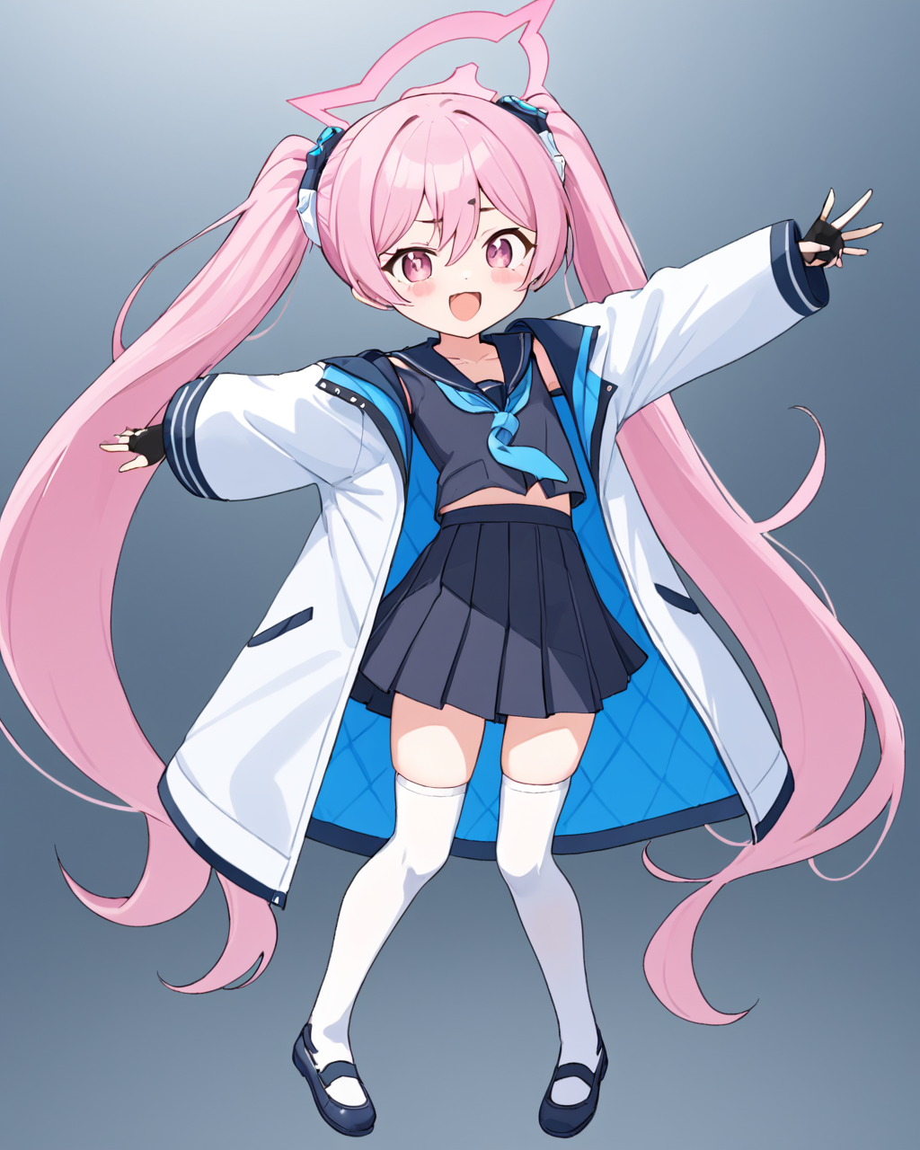 koyuki \(blue archive\),1girl, star_hair_ornament, twintails, solo, star_\(symbol\), black_neckerchief, ahoge, >_<, black_gloves, fingerless_gloves, halo, twitter_username, pleated_skirt, outstretched_arms, grey_skirt, white_footwear, open_mouth, fang, white_thighhighs, white_sailor_collar, long_sleeves, shirt, serafuku, asymmetrical_legwear, shoes, socks, xd, white_jacket, open_clothes
<lora:koyuki_(blue_archive)_image708_2023-11-28-000012:1>halo. gorgeous,key visual, vibrant, studio anime,award-winning, professional, highly detailed,high budget, cinemascope
