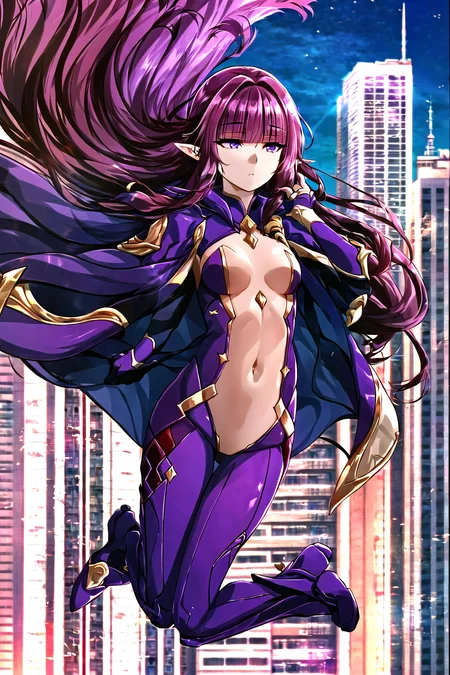 solo, 1girl, elf, blunt bangs, purple eyes, eyebrows visible through hair, purple long hair, medium breasts, pointy ears, purple bodysuit, covered navel, purple gloves, purple boots, purple cape, (sleepy, half-closed eyes, looking away), (flying, floating), (city, buildings, blue sky, sunlight), outdoors, full body, <lora:negative-e12-15:-1.5>