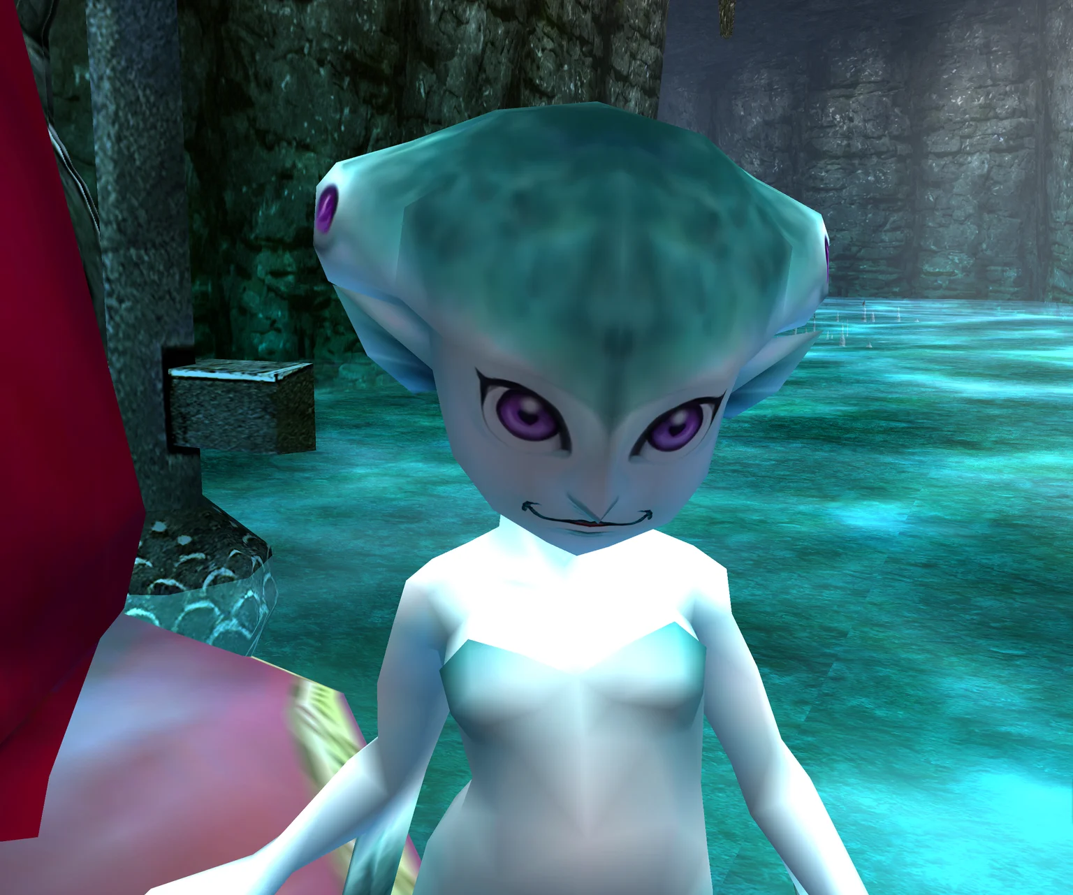 princess ruto, 1girl, young princess ruto, the legend of zelda, ocarina of time, zora princess, aquatic humanoid, blue skin, light blue skin with darker blue spots, fin ears, head fin,  zora, purple eyes, slender body, no clothing, elegant fins, translucent fins webbed hands, webbed feet, fantasy creature, nintendo character, low poly textures, 