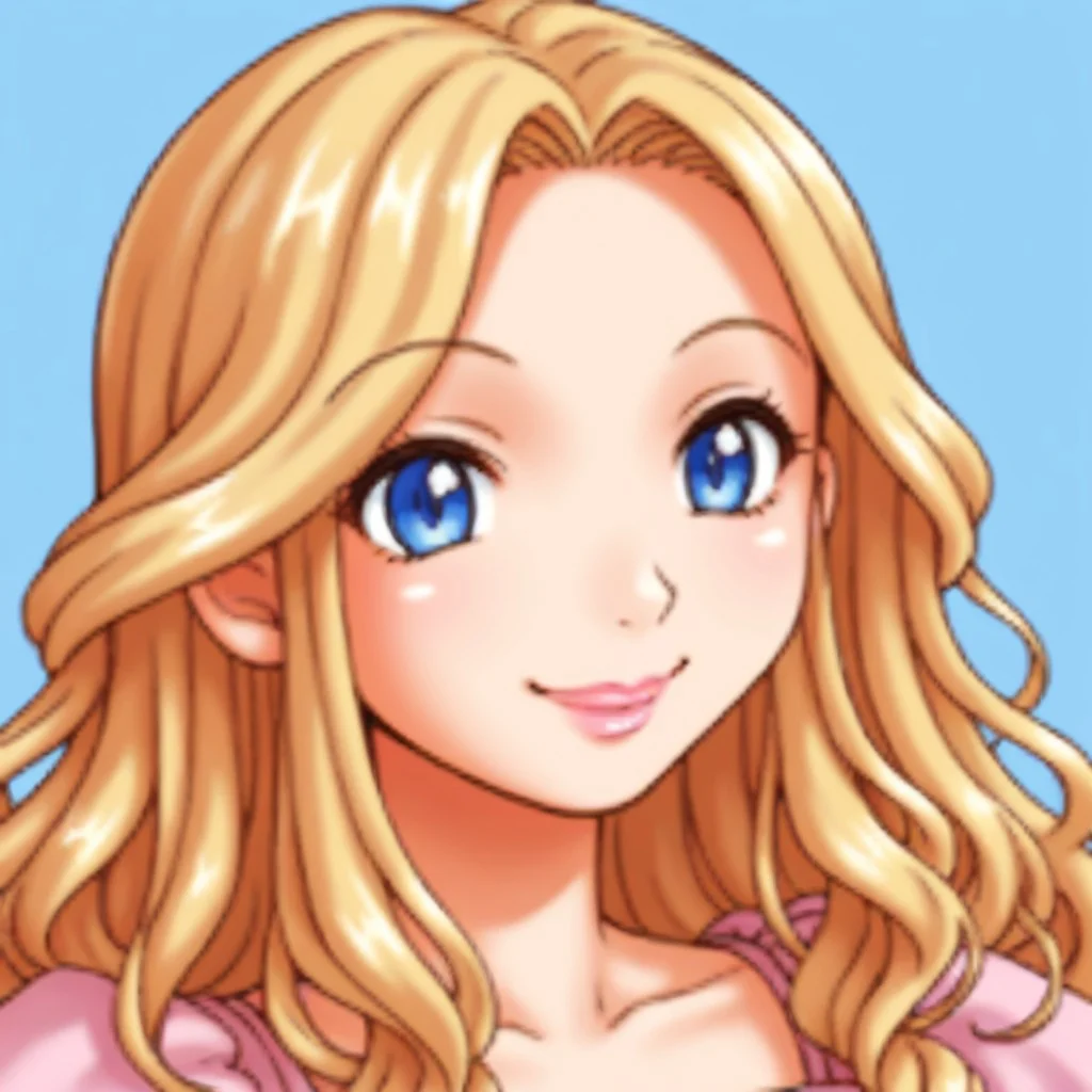 (source_anime, score_9, score_8_up, score_7_up:1), rm2kfaceset, 1girl, solo, blonde, blue eyes, long hair, pink lips, smile, blue background