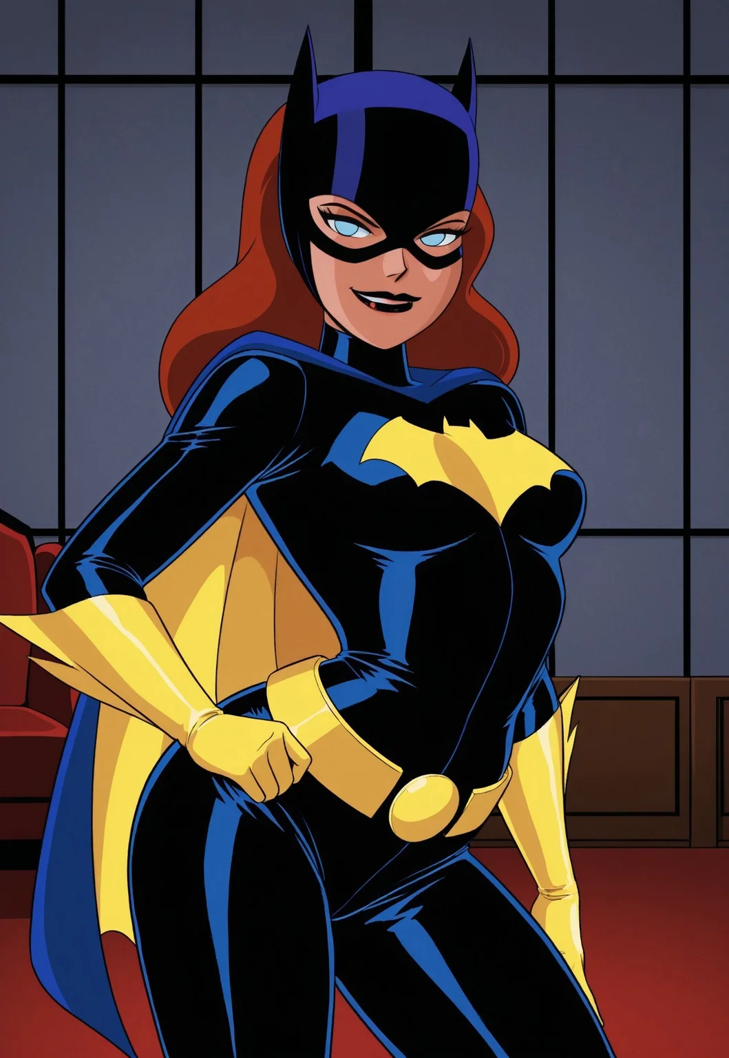 (((retro artstyle, 1980s (style), parody)), perfect anatomy, perfect eyes, cowboy shot) BREAK barbara gordon, blue eyes, no pupils, long hair, red hair, lipstick, black lips, sultry eyes, naughty face, ((looking at viewer)), mask, superhero, bodysuit, cape, gloves, belt, arched back, standing, model pose, indoors