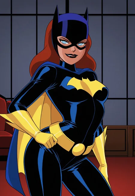 (((retro artstyle, 1980s (style), parody)), perfect anatomy, perfect eyes, cowboy shot) BREAK barbara gordon, blue eyes, no pupils, long hair, red hair, lipstick, black lips, sultry eyes, naughty face, ((looking at viewer)), mask, superhero, bodysuit, cape, gloves, belt, arched back, standing, model pose, indoors