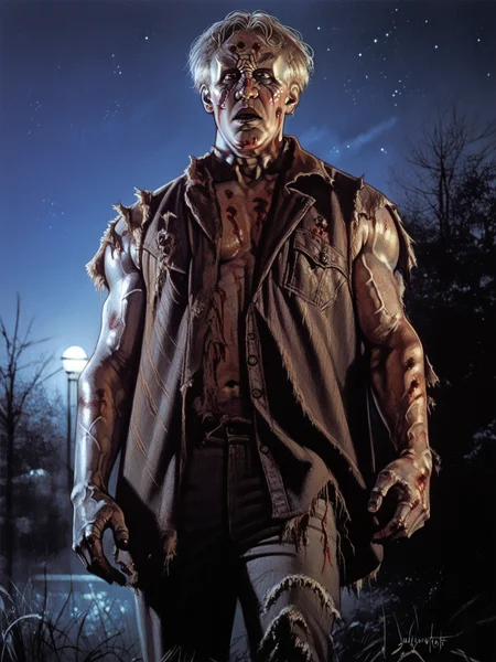 <lora:TheJuggernaut:1>, jugg3rnaut, 1boy, blue skin, black eyes, white hair, shor hair, injury, blood, male focus, torn clothes, sleeveless jacket, pants, standing, cowboy shot, outdoors, night, night sky, solo, <lora:DrewStruzanmixV3:0.8>, score_9, score_8_up, score_7_up, zPDXL3