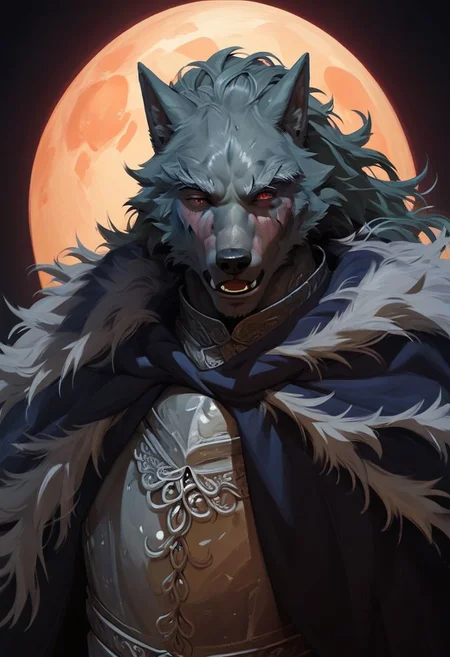 score_9, score_8_up, score_7_up, close up on face , rythblaiddpony, blaidd \(elden ring\), 1boy, wolf knight, standing, from side, full moon, moonlight, looking at viewer, sword on back, open mouth, red eyes, night, gauntlets,