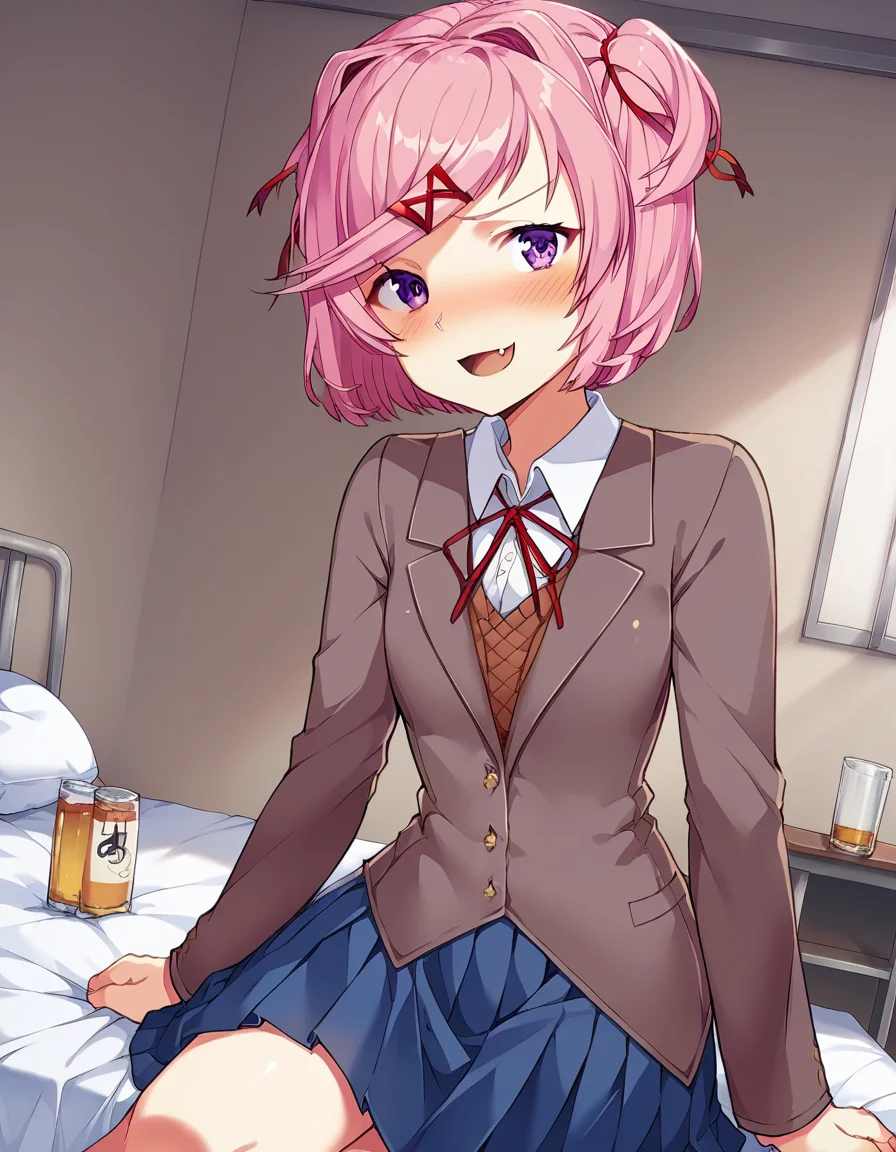 score_9, score_8_up, score_7_up, source_anime, <lora:ddlc-natsuki-ingame-ponyxl-lora-nochekaiser:1>, natsuki, fang, hair ornament, pink hair, purple eyes, short hair, short sidetail, swept bangs, x hair ornament,, blazer, blue skirt, brown jacket, collared shirt, jacket, long sleeves, miniskirt, neck ribbon, pleated skirt, red ribbon, ribbon, school uniform, shirt, skirt, swept bangs, vest, white shirt, wing collar,, indoors, bed, bedroom, on side, blush, drunk, , sitting, elbow rest, table,, looking at viewer, solo,, dutch angle, cowboy shot