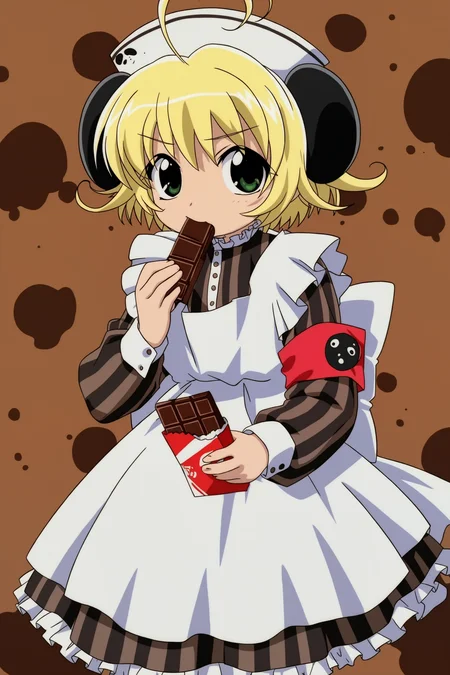 digicharatspecial, piyoko, 1girl, solo, short hair, blonde hair, long sleeves, dress, hat, animal ears, green eyes, ahoge, frills, apron, maid, maid headdress, buttons, armband, striped dress, vertical-striped dress, panda ears, looking at viewer, holding food, chocolate bar, eating, 
((masterpiece, best quality, absurdres, highres, very awa)), 