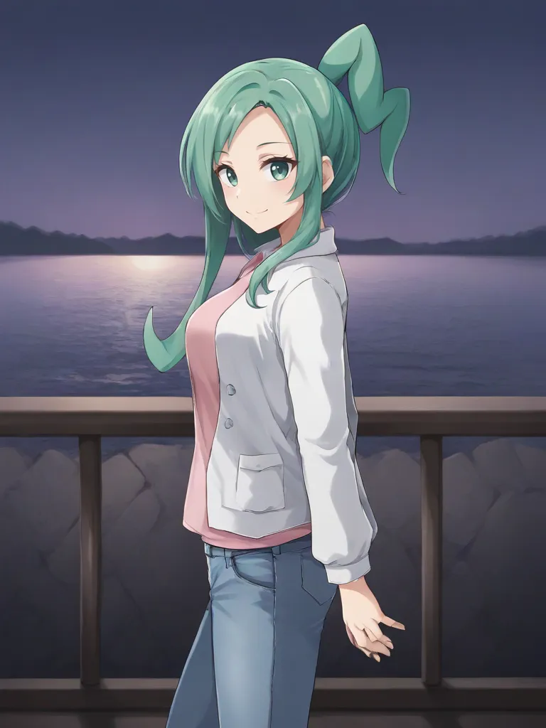 <lora:ORAS_Lisiatsukishiro:0.7>
1girl, solo, luistia, idol, green hair, aqua hair, long hair, asymmetrical hair, green eyes, white jacket, pink shirt, jeans pants, outdoors, night, balcony, sea, from side, looking at viewer, smile