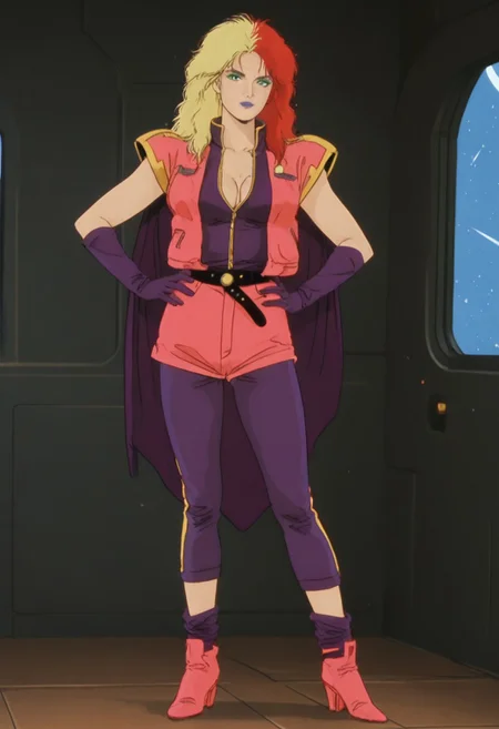 score_9, score_8_up, score_7_up, score_6_up, anime screencap, anime coloring, <lora:CharaSoon_epoch_8:0.8>, CharaSoonS1, red hair, blonde hair, long hair, multicolored hair, lipstick, blue lips, purple eyes, green eyeshadow,
pink jacket, cleavage, breasts, purple gloves, elbow gloves, black belt, cape, pink shorts, purple pants, purple socks, pink high heels,
full body, standing,facing viewer, hand on own hip, 
BREAK, indoors, window, space,