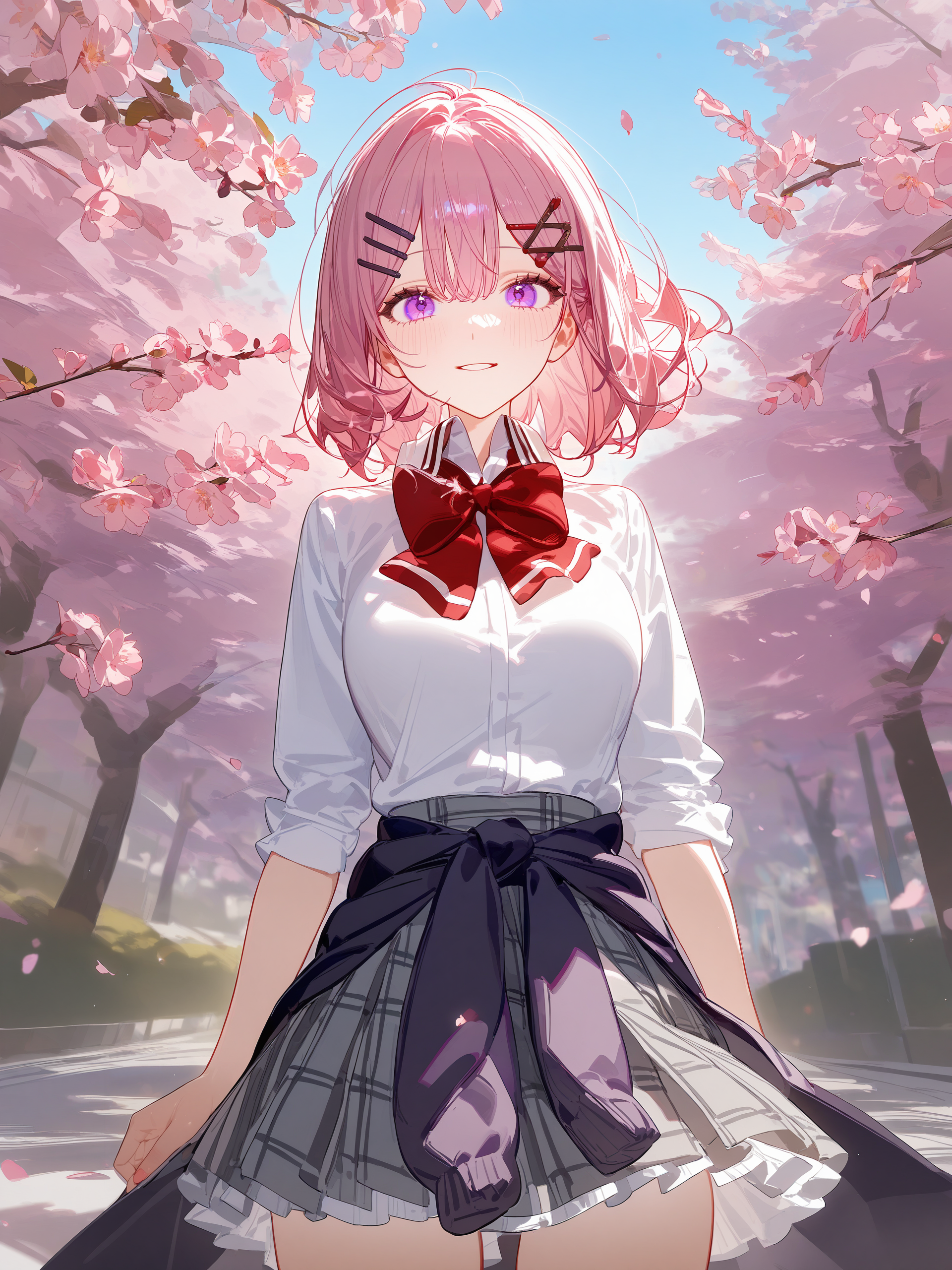 1girl, amaori renako, solo, purple eyes, hairclip, school uniform, pleated skirt, plaid skirt, white collared shirt, red bowtie, clothes around waist, crossed arms, looking at viewer, light smile, standing, cowboy shot, outdoors, street, cherry blossoms, petals, depth of field <lora:Char-Amaori_Renako-V1-SDXL:0.9>, illustration, incredibly absurdres, ultra detailed, masterpiece, best quality, perfect features, intricate details, ray tracing, very aesthetic, (hitenkei, askzy:0.4), [<lora:XL-detailed_notrigger:0.95>::0.5], [:<lora:XL-aesthetic_anime:1.2>:0.5]