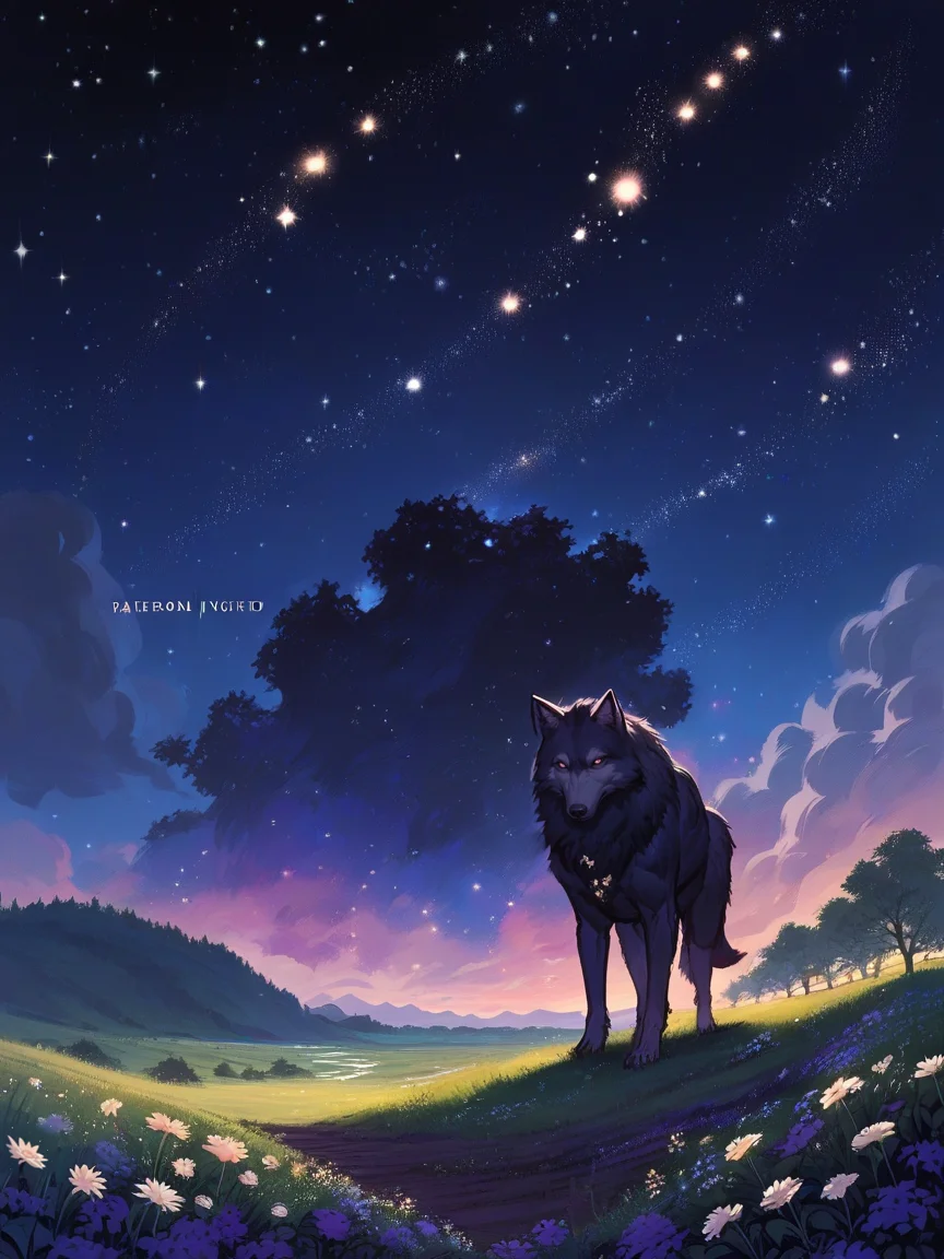 score_9, score_8_up, score_7_up, score_6_up, score_5_up, <lora:4str0XLP:0.7> 4str0, no humans, sky, outdoors, flower, star (sky), scenery, night, field, in tree, feral, wolf, cosmic horror