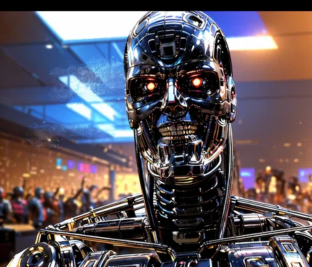 neon-lit world of cyberpunk, With futuristic hi technologic, (in a future cyberpunk coffeeshop, in middle of a crowd:1.3) (Realisitc:1.5) man terminator, <lora:EdobTerminator_v1.0:0.9>
