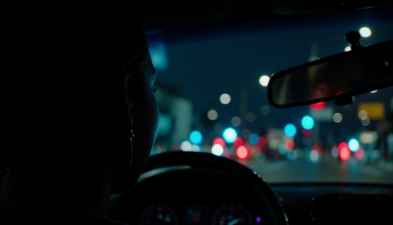 cinematic, A woman gazes out of a car window at night, her reflection visible on the glass. The city street outside is blurred with colorful lights, creating a contemplative and introspective moo, film grain, Short telephoto focal length, shot on ALEXA 65