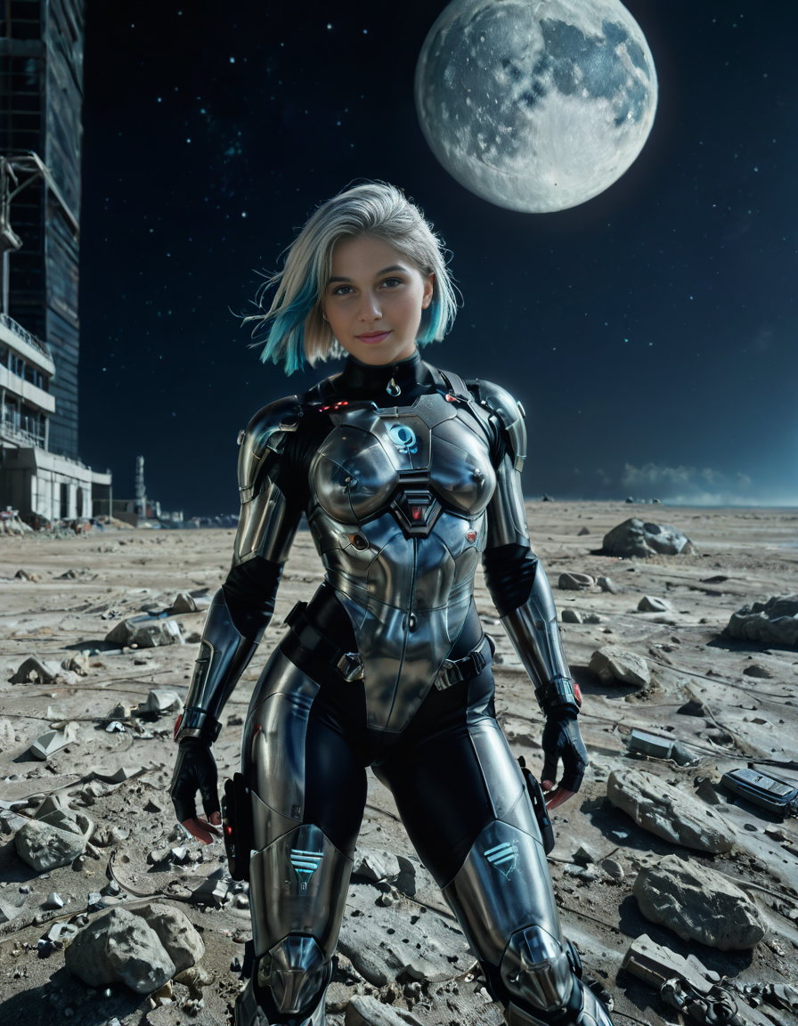 <lora:extremely_detailed:0.4> extremely detailed, <lora:moon_surf4c3_v2:1>,looking at viewer, 
A woman,white hair, standing on the surface of the Moon,moon surf4c3, dressed as a cyberpunk warrior. The woman has short silver hair with subtle neon blue highlights, slightly floating as if in low gravity. She is wearing a sleek, futuristic cyberpunk armor suit made of glossy black metallic plates and synthetic fabric, illuminated by glowing neon blue and purple accents. Her armor includes visible circuits, cables, and a partial exoskeleton on her arms and legs. She wears reinforced boots with miniature thrusters.
Her expression is determined, with a faint hint of battle scars on her face and subtle cybernetic makeup that reflects light. She holds a futuristic energy sword in one hand, the blade glowing with a translucent electric blue aura. On her left wrist, a holographic interface is projected, showing futuristic graphs and symbols.
The surface of the Moon around her is rugged and gray, covered with craters and scattered rocks. In the background, the Earth appears large and vibrant in the sky, showcasing its blue oceans and green continents. The blackness of space surrounds the scene, filled with sparkling stars. Some abandoned robotic structures or antennas are visible in the distance, adding a sense of mystery.
The lighting is a mix of cold silver moonlight and glowing reflections from her armor and weapon, creating a futuristic sci-fi atmosphere. The image is highly detailed and photorealistic, inspired by modern science fiction artwork. The dominant colors are silvery grays, neon blues, purples, and black metallic tones.<lora:SDXLFaeTastic2400:0.4>, Masterpiece,best quality,hi res,8k,hi res,8k,award winning,(sharp focus, intricate, highly detailed),