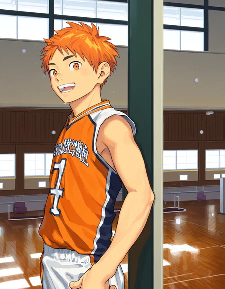 masterpiece, shounenzoom-style, 2020s, indoors, gymnasium, 1boy, solo, hinata shoyo, (haikyuu:0.5), orange hair, orange eyes, volleyball uniform, open mouth, smile, looking up at viewer <lora:shounen_zoom-naixl-v7Nc-ShoAI:1>