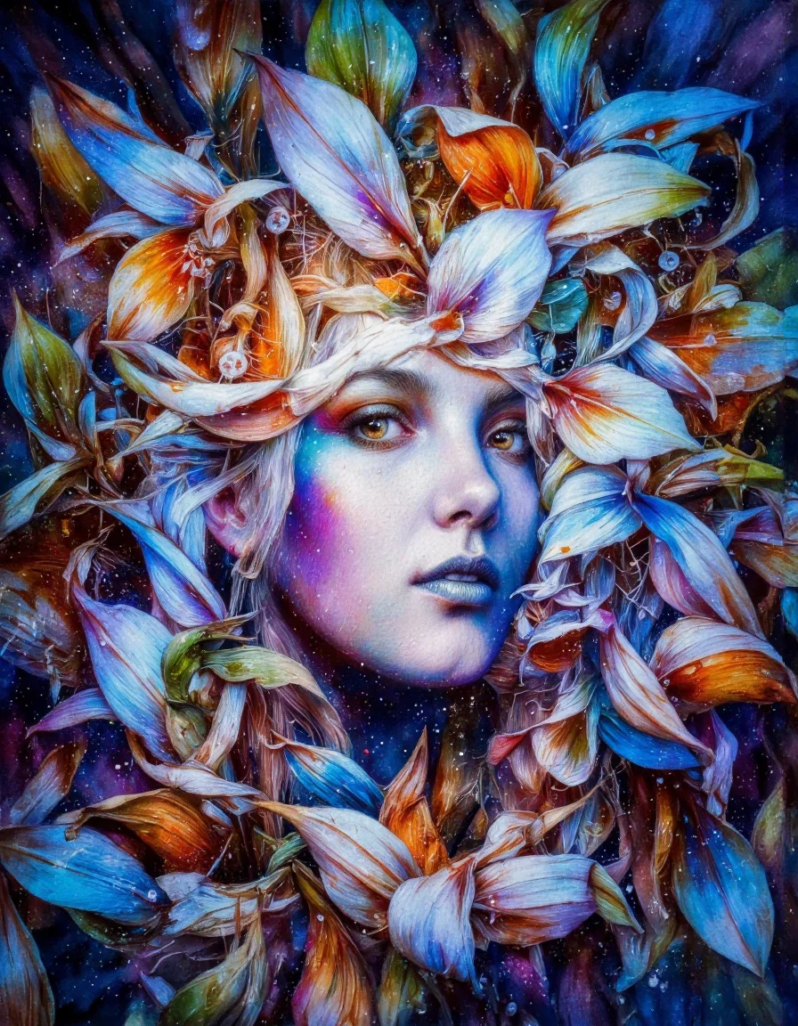 Art by Mario Nevado. This image is a highly detailed digital painting in a surreal, fantasy style. The subject is a woman with strikingly vibrant, ethereal features, including a mesmerizing orange eye and a complexion that blends shades of blue and purple. Her hair, cascading around her face, appears to be made of the same surreal, flowing petals as the flowers that encircle her. The flowers are a mix of orange and white, adding to the dreamlike quality of the image.
The background is a swirling mix of blues, purples, and greens, creating a cosmic or underwater effect. The lighting is soft and diffuse, likely mimicking natural light, and the image has a high depth of field with the background remaining in focus. The composition adheres to the rule of thirds, with the woman's face placed centrally, drawing immediate attention.
The subjective aesthetic quality of the image is very high, showcasing impeccable attention to detail and a harmonious color palette. The painting's texture appears smooth, with a slightly glossy finish, giving it a three-dimensional feel. The overall effect is both captivating and surreal, evoking a sense of wonder and otherworldliness.