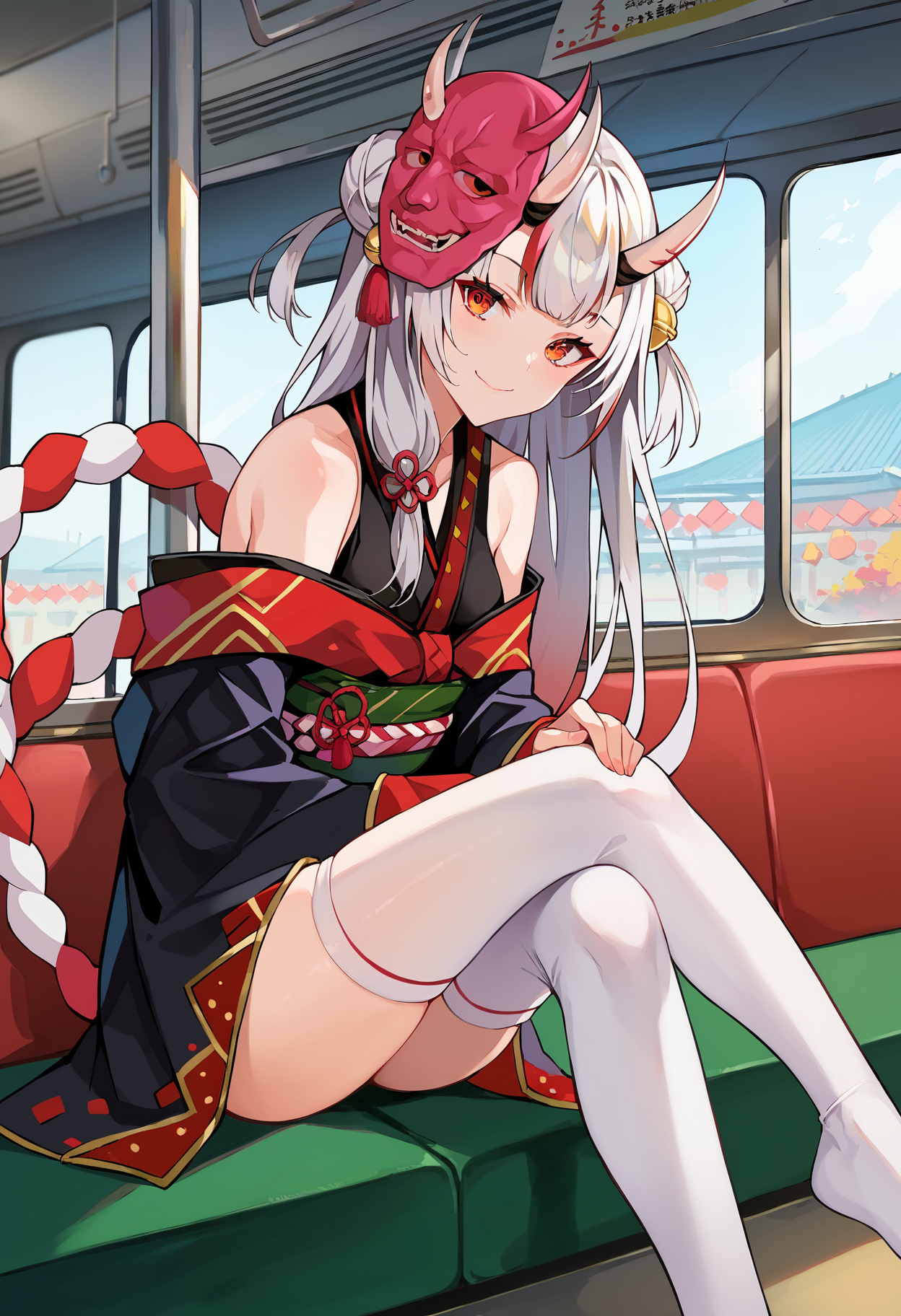 score_9, score_8_up, score_7_up, uncensored, source_anime, 1girl,  <lora:spramdayoStyleXLPony:1> by ramdayo,  <lora:NakiriAyamePDXL:1> AyameBase, oni horns, long hair, double bun, black kimono, short kimono, hair bell, obi, shimenawa, white thighhighs, bare shoulders, long sleeves, oni mask, mask on head, feet out of frame, from behind, photo background, train interior, closed mouth, holding, holding stick, looking at viewer, sitting, smile, solo, bad