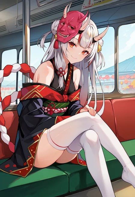 score_9, score_8_up, score_7_up, uncensored, source_anime, 1girl,  <lora:spramdayoStyleXLPony:1> by ramdayo,  <lora:NakiriAyamePDXL:1> AyameBase, oni horns, long hair, double bun, black kimono, short kimono, hair bell, obi, shimenawa, white thighhighs, bare shoulders, long sleeves, oni mask, mask on head, feet out of frame, from behind, photo background, train interior, closed mouth, holding, holding stick, looking at viewer, sitting, smile, solo, bad