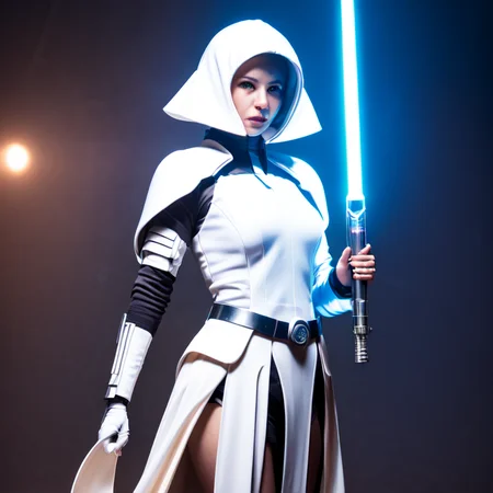 photo, woman with a sci - fi outfit holding a light saber (ghostshell style:1) <lora:djzGhostShellV21:0.8>