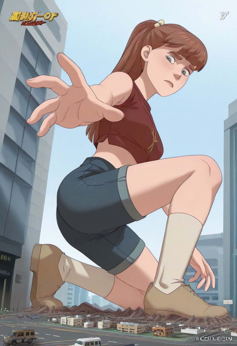 , giantess, full body view, foreshortening, foreshortening, Giantess, City, reaching for viewer, extremely close finger, kneeling, on one knee, giantess, from below, cross laced sandals, best quality, absurdres, 1girl, solo, breasts, hips, embarrassed, underboobs, Vintage comic book with title text: "Attack of the 50ft Monster Girl"
vintage comic book
score_9, score_8_up, score_7_up, score_6_up, <lora:monster_girlIL:0.9> m_g, 1girl, brown ponytail hair, bangs, hairpin, small body, skinny body, grey eyes, wide hips, denim shorts, knee socks, crop top, bare shoulders, cute face,perfect anatomy
<lora:giantess-ponyxl-lora-nochekaiser:1> giantess, giant, city, building, outdoors, destruction,