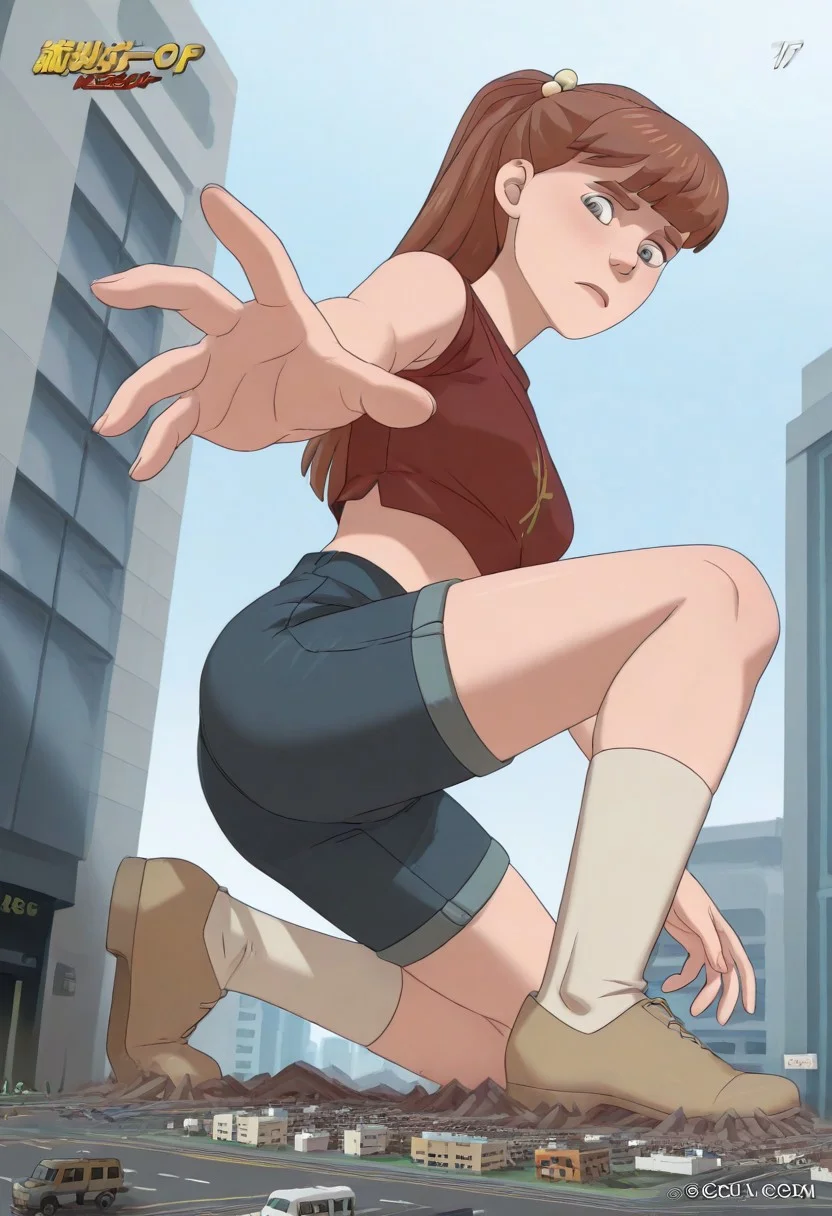 , giantess, full body view, foreshortening, foreshortening, Giantess, City, reaching for viewer, extremely close finger, kneeling, on one knee, giantess, from below, cross laced sandals, best quality, absurdres, 1girl, solo, breasts, hips, embarrassed, underboobs, Vintage comic book with title text: "Attack of the 50ft Monster Girl"
vintage comic book
score_9, score_8_up, score_7_up, score_6_up, <lora:monster_girlIL:0.9> m_g, 1girl, brown ponytail hair, bangs, hairpin, small body, skinny body, grey eyes, wide hips, denim shorts, knee socks, crop top, bare shoulders, cute face,perfect anatomy
<lora:giantess-ponyxl-lora-nochekaiser:1> giantess, giant, city, building, outdoors, destruction,