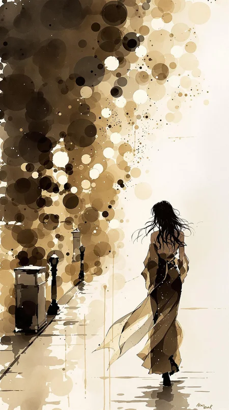Watercolor Ink Wash, Inkplash art on rice paper, sepia, henna , Silhouette Art, magnificent, stunning japanese woman, long flowing hair, sidelocks, dark eyeshadow, silhouetted at night, walking down city street, bokeh, chiascuro, dark abstract background