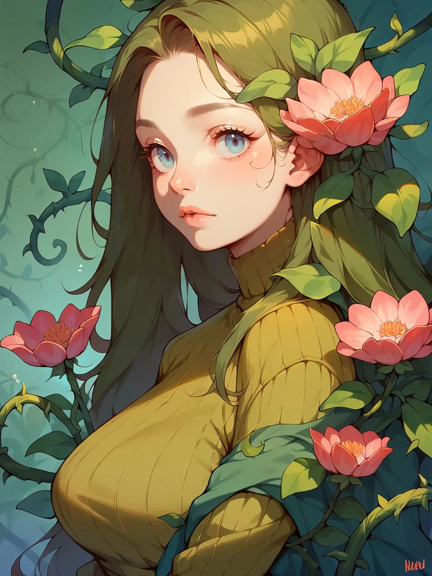 <lora:gr33nXLP:1> gr33n, solo, 1girl, long hair, plant, flower, score_9, score_8_up, score_7_up, score_6_up, vines, curvy,