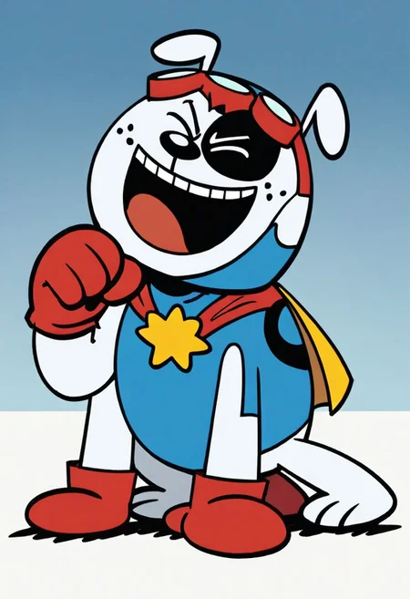 (score_9 | score_8_up | score_7_up) ((masterpiece:1))(best quality,very high quality,ultra detailed:1.2) (2D,cartoon style,anime style)(Smooth:2)(clean blurring) (four fingers on each hand,one thumb on each hand:1), solo, charles, dog, paws, dog paws, black spot on left eye, white, white fur, allá fours, happy, red blue and yellow super hero costume, blue super hero costume, super hero, red goggles, two side winged headpiece, yellow cape, thick red boots, red glove, 'A' Logo in the middle,