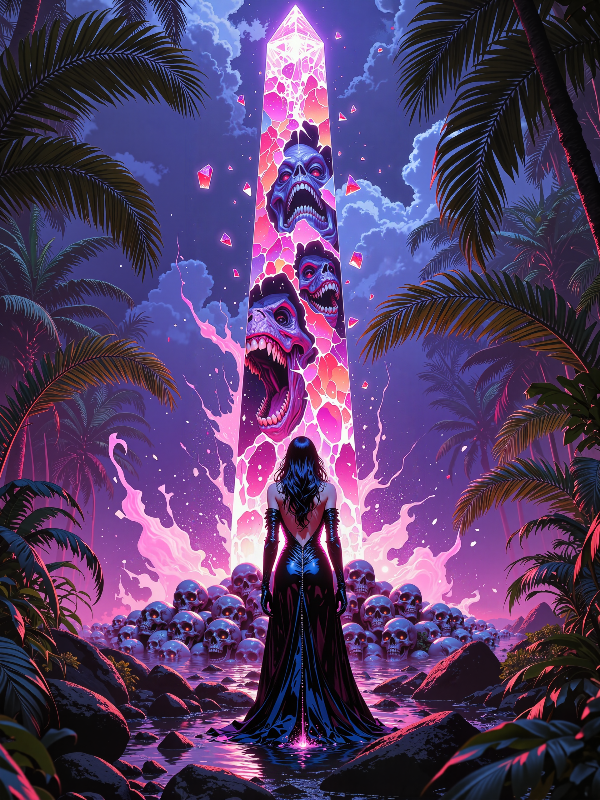 famous artwork, hyper-realistic, photo-realistic, award-winning 80s cinematic fantasy movie scene in an otherworldly jungle featuring a gorgeous woman, highly aesthetic, high resolution, uhd, 8k, 4k, dramatic, epic, meticulous, accurate, at night, dynamic, perfect symmetry, in the heart of the jungle, where shadows dance and bleed, a beautiful chaotic melody, where depravity finds its seed, neon lights paint a picture, of a world immersed in sin, a collision of emotion and violence, where numbness dwells within, iridescent obelisk, maw with a thousand teeth, iridescent shards, pile of human skulls, shattered cosmos, neon hues, color contrast, the color palette is predominantly blackberry purple and jet black and burgundy and ultramarine blue and sea green and taupe, lovecraftian, cthulhu mythos, ovg, in the style of ckpf, dndgr41nyb0yz style, <lora:style-dnd_grainyboyz-romulus-flux-by_kimwithdapuss:0.32> <lora:style-painterly_fantasy-flux-by_chronoknight:0.32> <lora:style-retro_anime-flux-by_lizardman245:0.24>