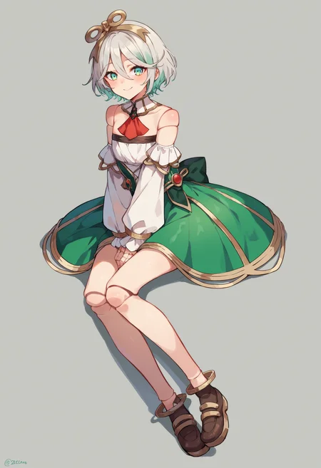 score_9, score_8_up, score_7_up, uncensored, source_anime, 1girl, <lora:spceciliaImmergreenXLPony:1> immer1st, doll joints, hairband, dress, red ascot, detached sleeves, detached collar, green skirt, strapless, between legs, blush, hand between legs, looking at viewer, sitting, smile, solo, wariza, lonely, full body, simple background, spade (shape), twitter username, white background